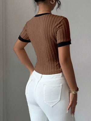 Dark brown ribbed t-shirt with black contrast trim and short sleeves.