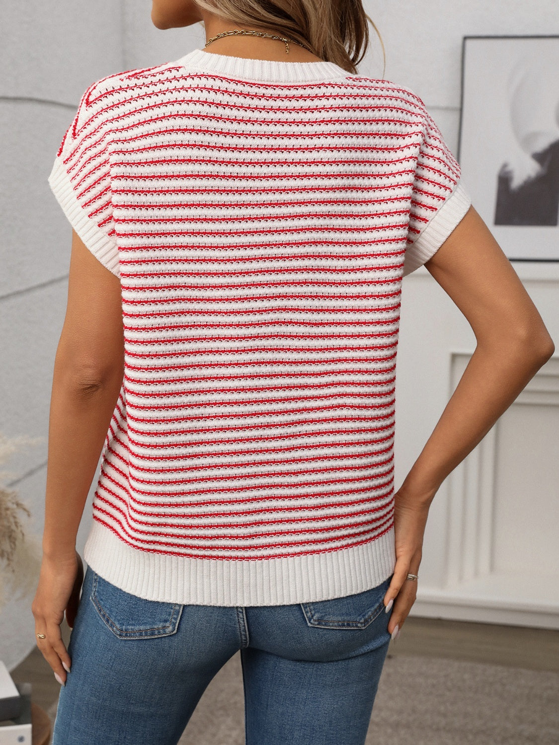 Horizontal stripe knit shell top with short sleeves and crew neck, red and white.