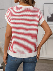 Horizontal stripe knit shell top with short sleeves and crew neck, red and white.