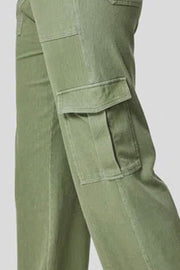 Utility denim wide-leg cargo pants in Matcha Green with flap pockets.