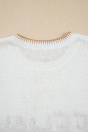 White acrylic knit sweater with contrast stitch trim neckline detail