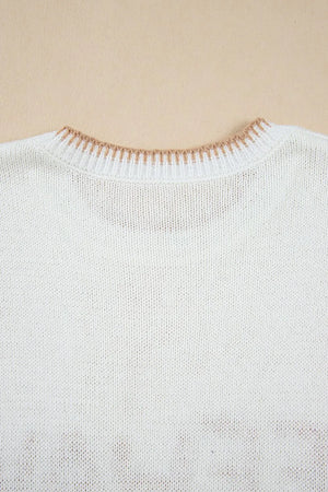 White acrylic knit sweater with contrast stitch trim neckline detail