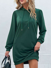Green hooded mini dress with drawstring and sculpted shoulders.