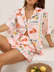 Pink limoncello print pajama set with button-down shirt and shorts