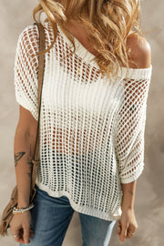 White open-knit slouchy shoulder cover-up with short sleeves and a relaxed fit.