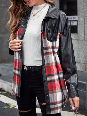 Black faux leather and plaid shacket with button-down front and chest pockets.