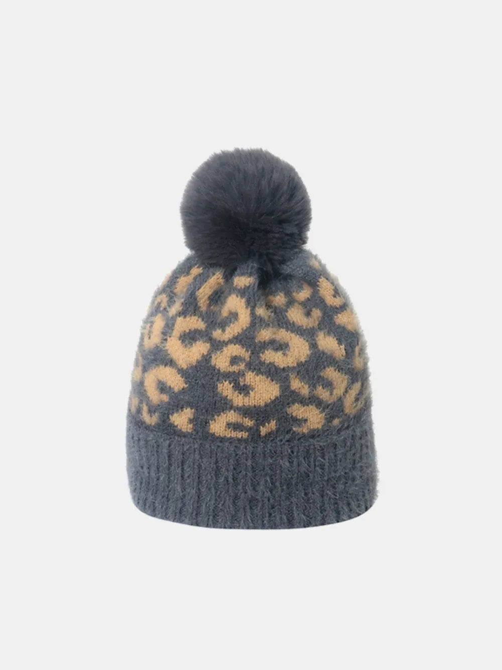 Gray knit beanie with leopard print and dark gray pom pom