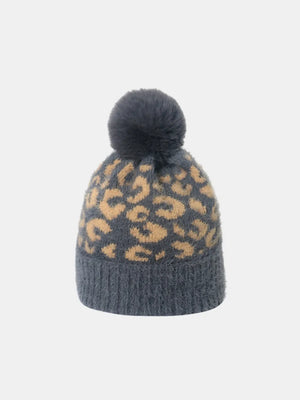 Gray knit beanie with leopard print and dark gray pom pom