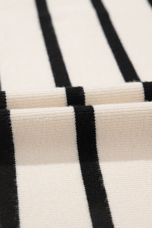 Beige and black striped knit cardigan with button-up detail.