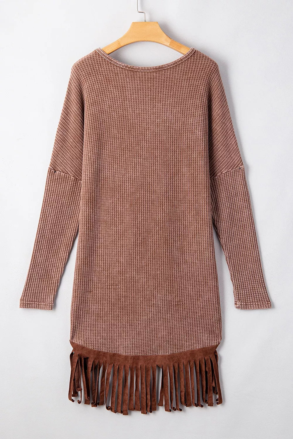 Waffle Knit Fringed High Low Loose Top in Brown, model styling view