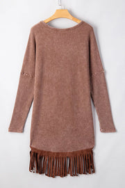 Waffle Knit Fringed High Low Loose Top in Brown, model styling view
