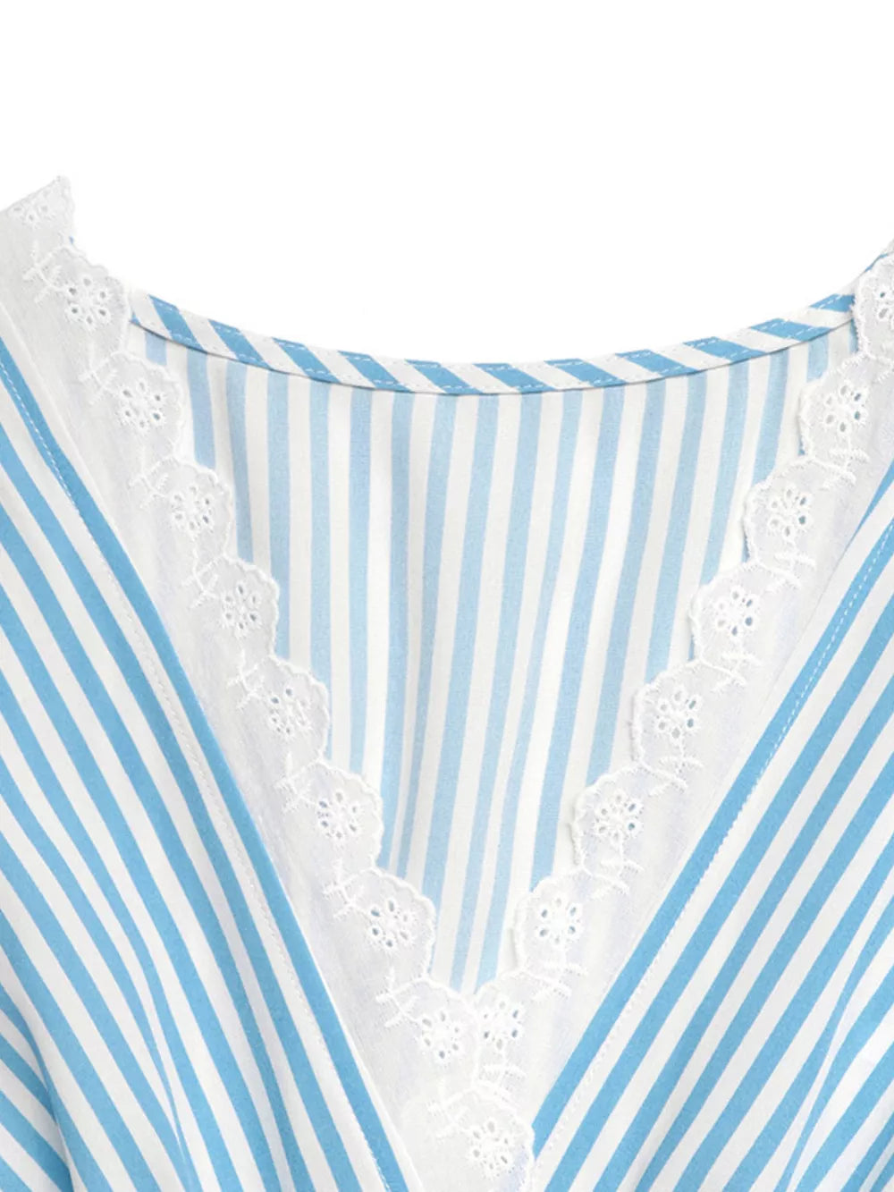 Blue and white striped midi dress with lace trim neckline detail