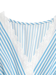 Blue and white striped midi dress with lace trim neckline detail