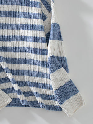 Light blue and white striped crewneck sweater with a ribbed knit texture.