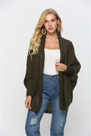Textured cocoon knit cardigan in Army Green with batwing sleeves and open front.