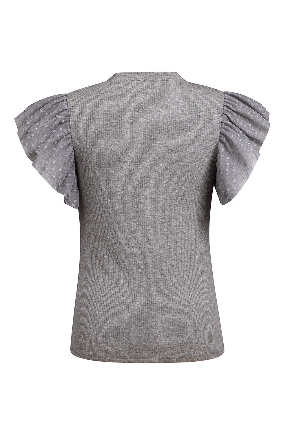 Dark gray ribbed blouse with textured puff sleeves and polka dot sheer fabric.