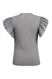 Dark gray ribbed blouse with textured puff sleeves and polka dot sheer fabric.