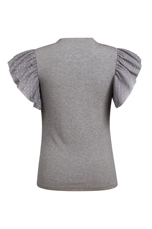 Dark gray ribbed blouse with textured puff sleeves and polka dot sheer fabric.
