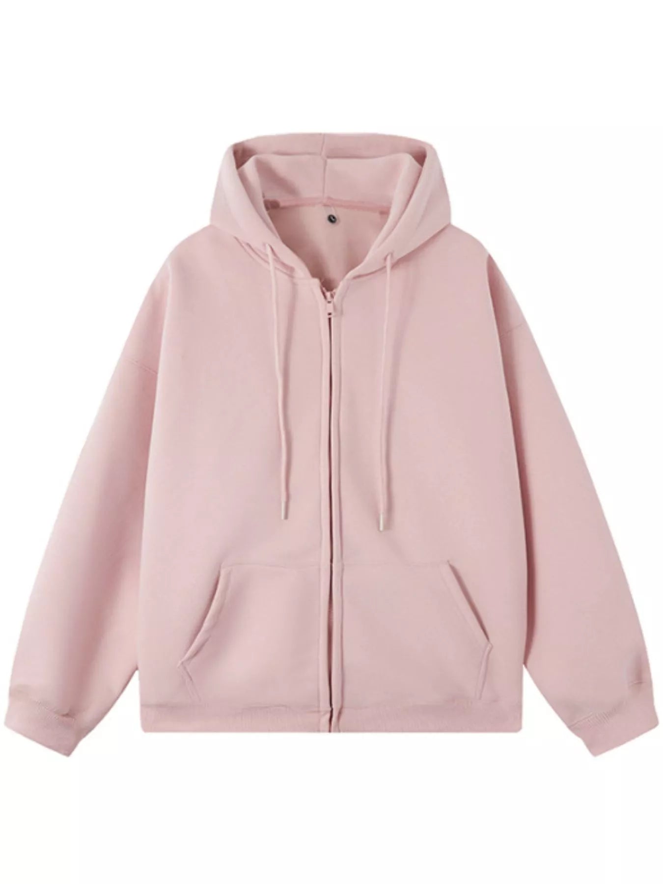 Pink casual zip-up hoodie with drawstring hood and front pockets.