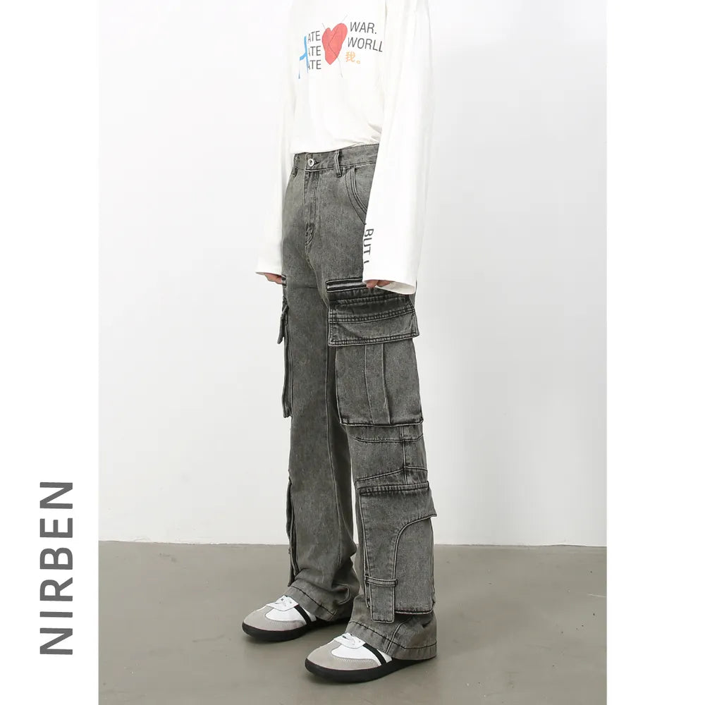 Acid wash flared cargo jeans in medium, featuring multiple pockets and a relaxed fit.
