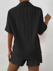 Black textured resort shirt and shorts set with button detail