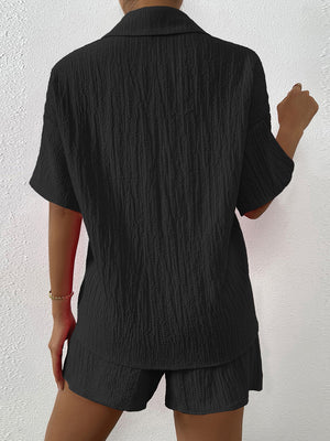 Black textured resort shirt and shorts set with button detail