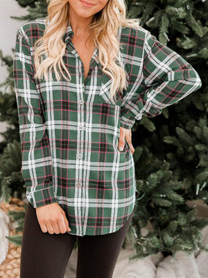 Relaxed fit green plaid button-down shirt with a pocket and collared neckline.