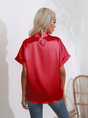 Deep Red satin boxy sleeve blouse with a collared neckline.