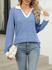 Ribbed knit long sleeve t-shirt in peacock blue with white collar and cuffs, V-neck.