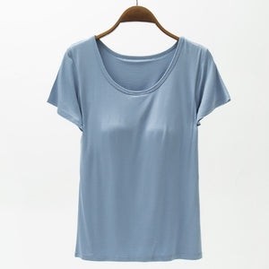 Light blue scoop neck t-shirt with built-in bra detail