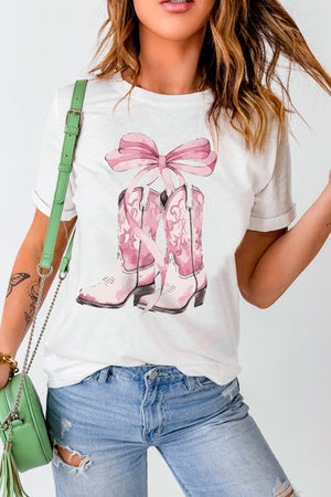 White t-shirt with pink cowboy boots and bow graphic, casual crew neck tee