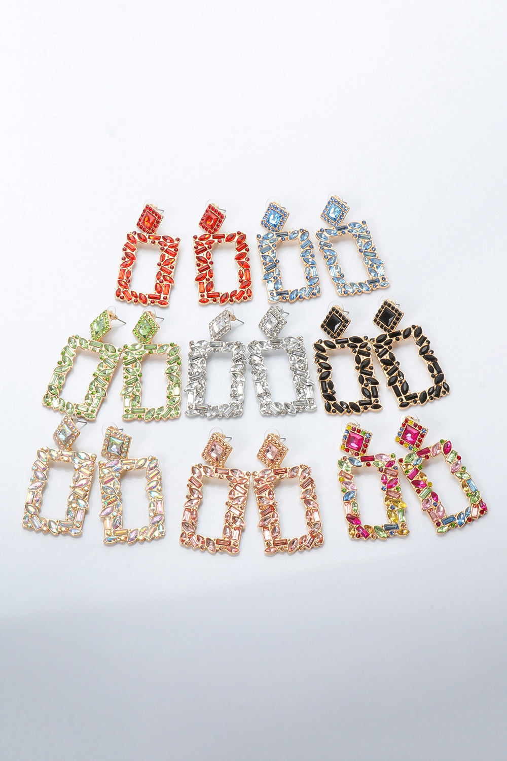 Geometric jewel box earrings in multicolor, red, blue, green, silver, black, peach, and transparent styles.