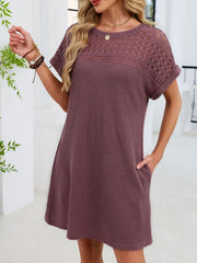 Mauve t-shirt dress with short sleeves and a sheer lace yoke detail.