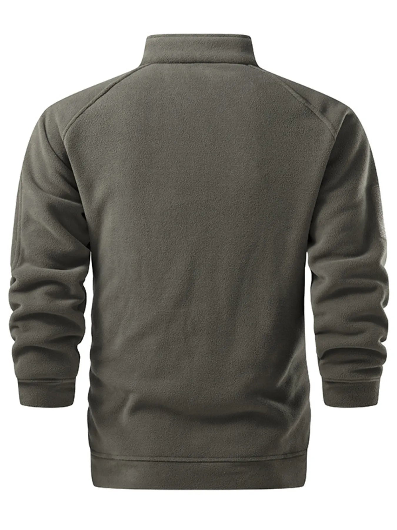 Fleece lined sweatshirt in military green with a stand-up collar and long sleeves.