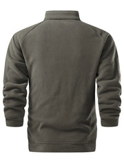 Fleece lined sweatshirt in military green with a stand-up collar and long sleeves.