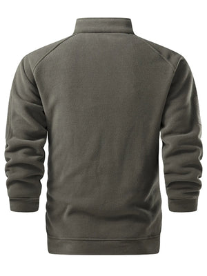Fleece lined sweatshirt in military green with a stand-up collar and long sleeves.