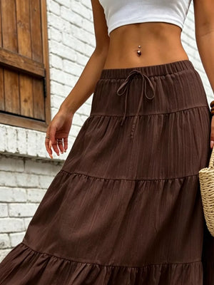 Maxi Ruched Skirt in Brown, fit detail