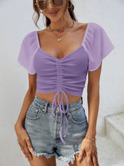Purple ribbed crop top with chiffon sleeves and adjustable drawstring detail