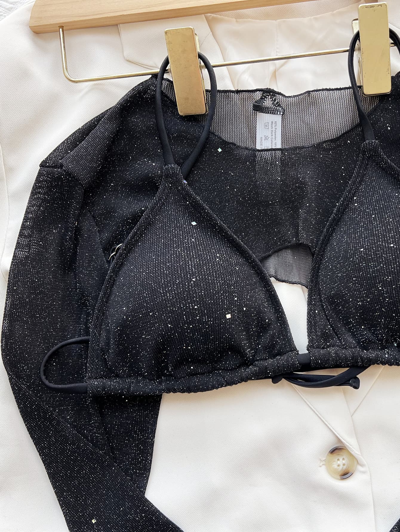 Black glitter mesh bikini set with matching bolero, featuring triangle cups and adjustable ties.