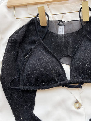 Black glitter mesh bikini set with matching bolero, featuring triangle cups and adjustable ties.