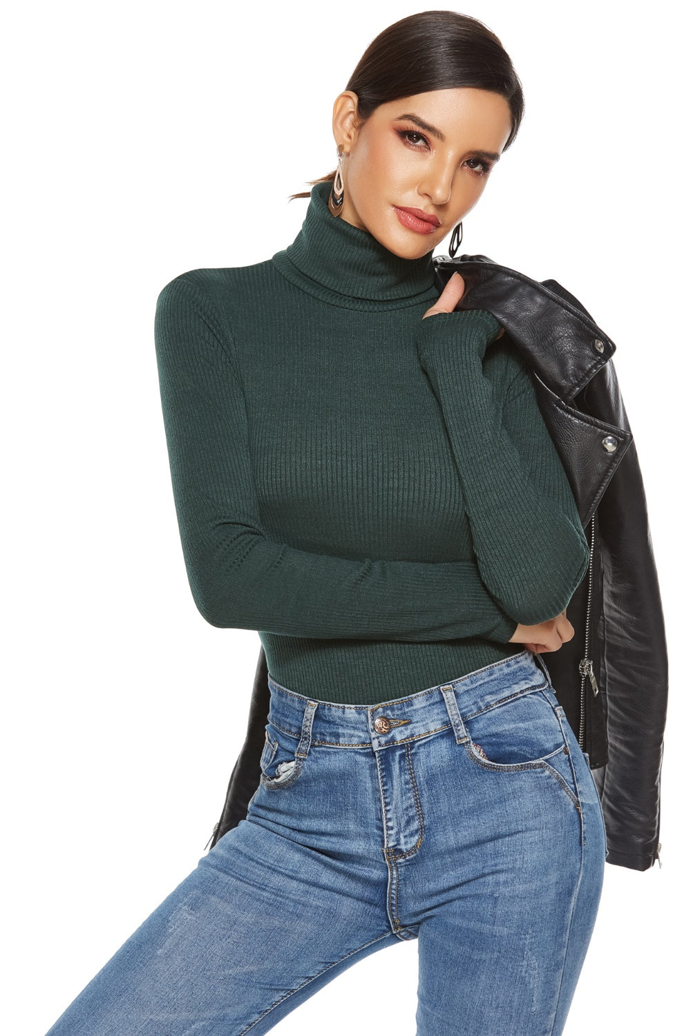 Dark green ribbed turtleneck bodysuit with long sleeves, styled with blue jeans and a leather jacket.