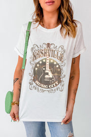 White t-shirt with Nashville Music City graphic and guitar design