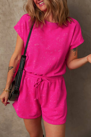 Acid wash hot pink tee and shorts set with drawstring waist.