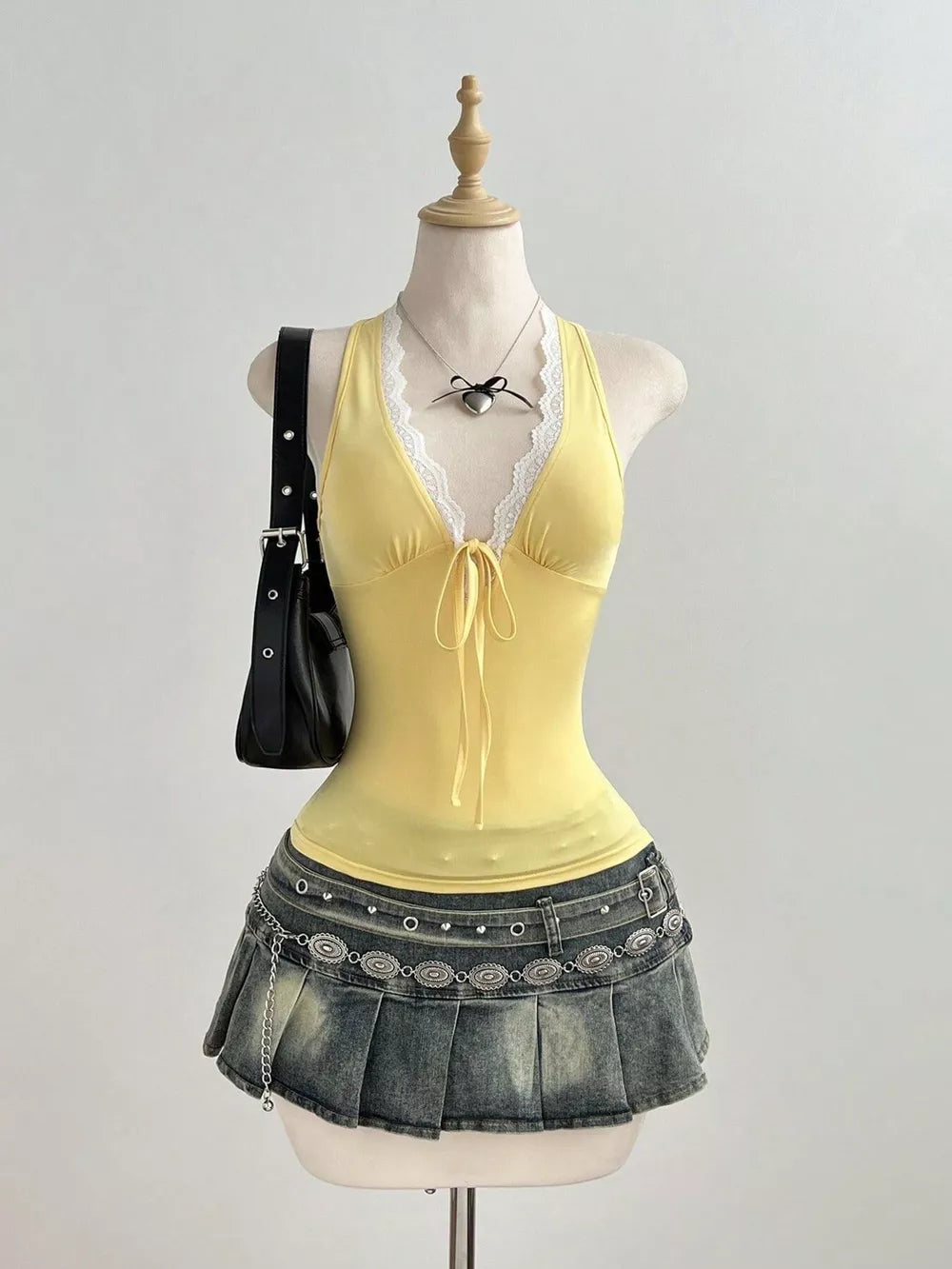 Lace Detail Halter Neck Cami in Yellow, model styling view