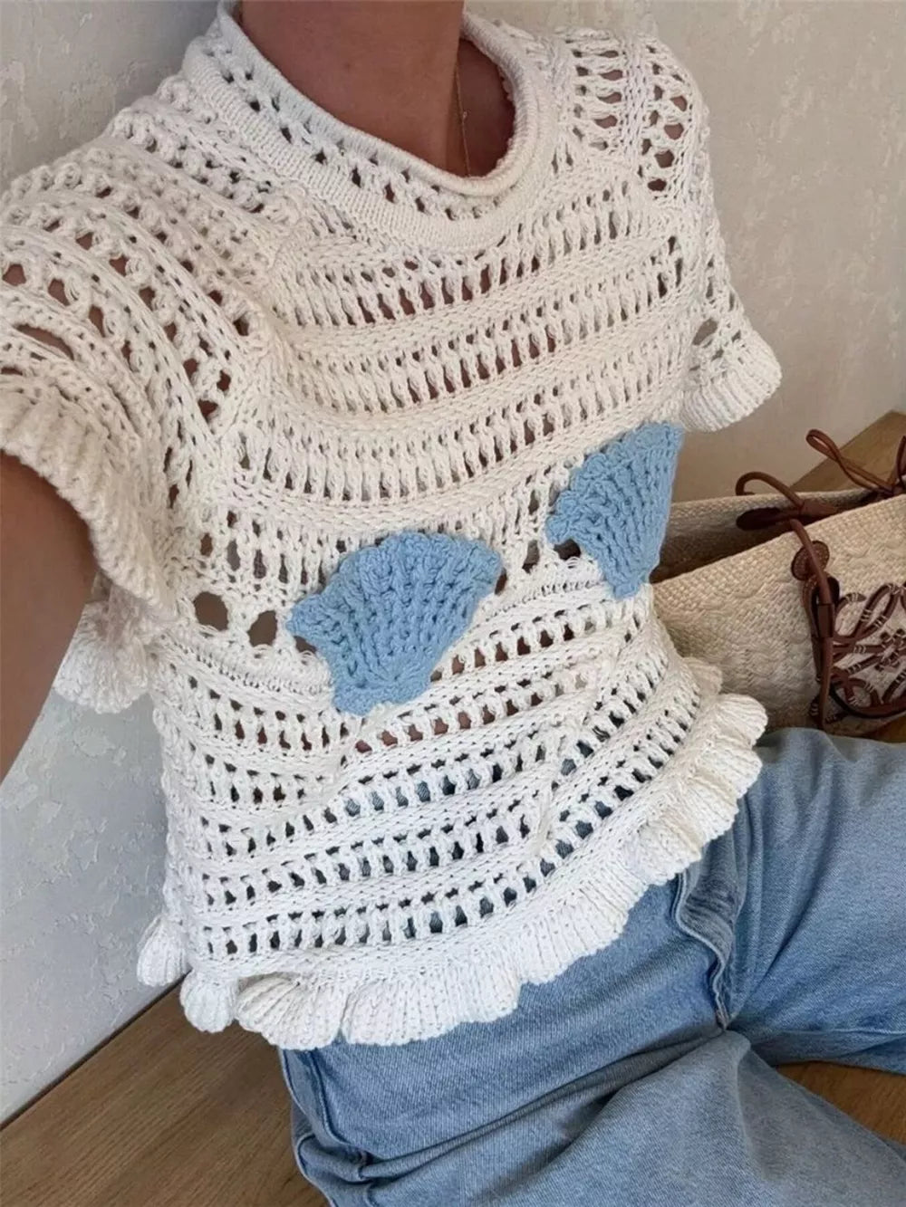 Seashell Crochet Knit Top in White, model styling view