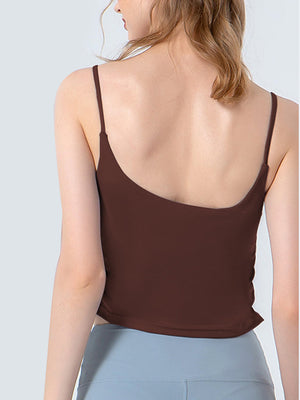 Sculpted side-ruching tank top in chestnut with spaghetti straps and a scoop neckline.