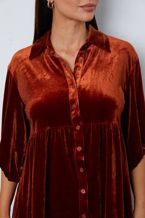 Tiered velvet button-down tunic in Chestnut with a collared neckline and gathered waist.