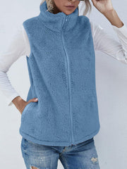Blue teddy fleece stand-collar vest with zipper and pockets