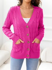 Hot Pink cable-knit cardigan with V-neck, button front, and pockets.