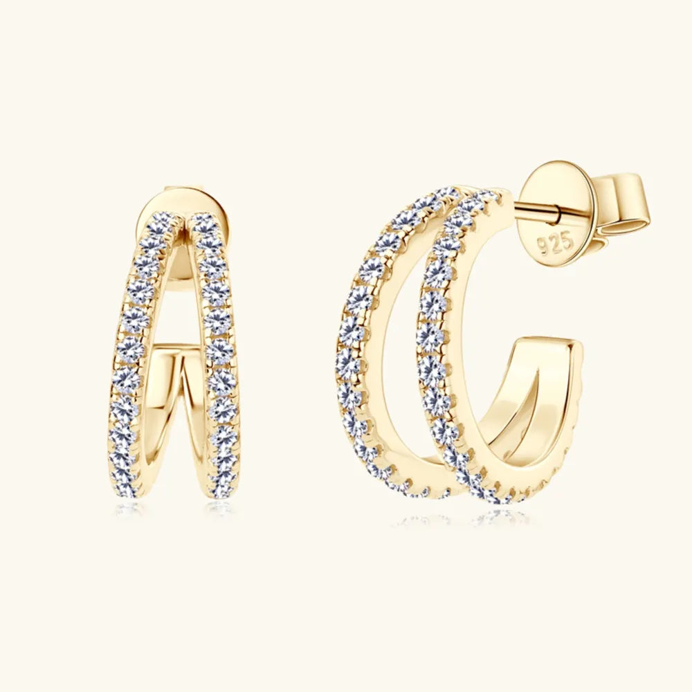 Gold double-band hoop earrings with moissanite accents